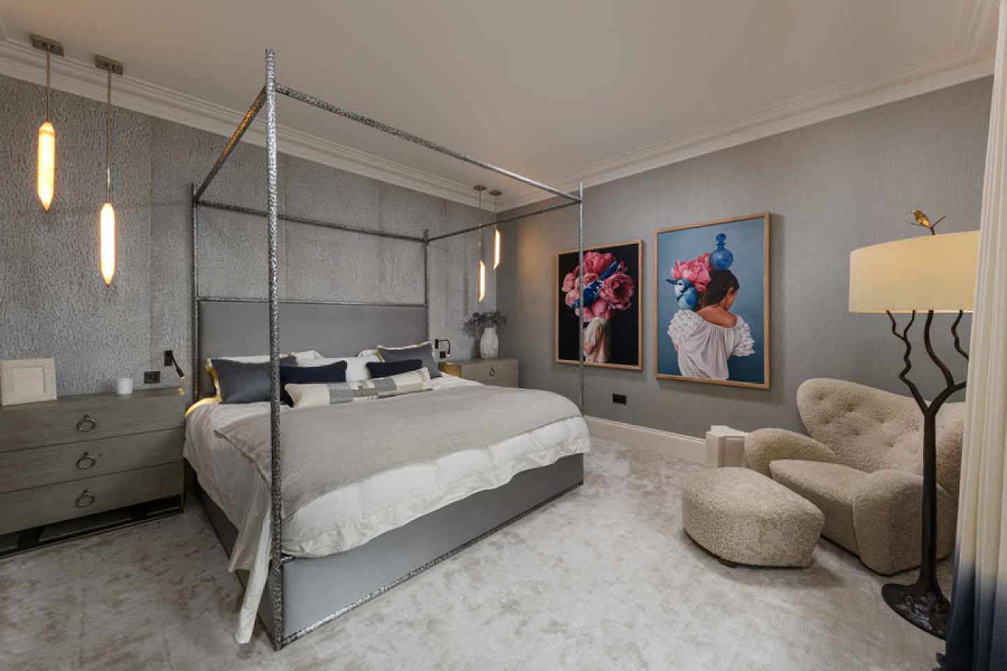 Master bedroom with four poster bed and grey aesthetics